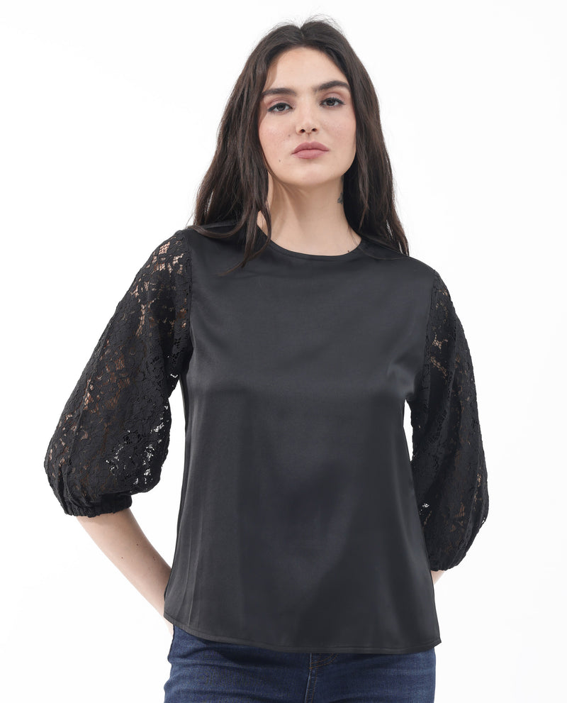 Rareism Women'S Flowy Round Neck Top With Lace Sleeves