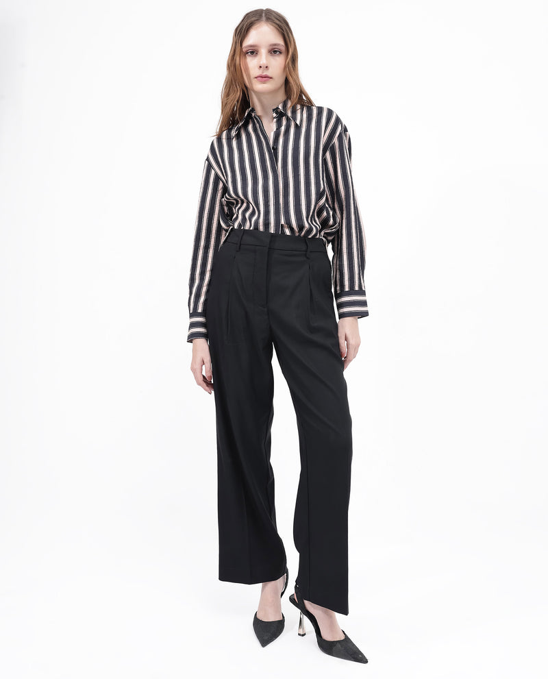 Rareism Women'S Nuray Black Cotton Fabric Zipper Closure Solid Regular Fit Trouser