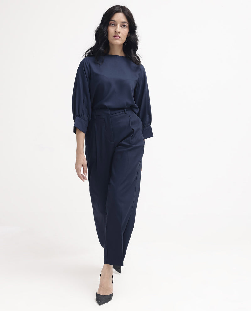 Rareism Women'S Nuray Navy Cotton Fabric Zipper Closure Solid Regular Fit Trouser