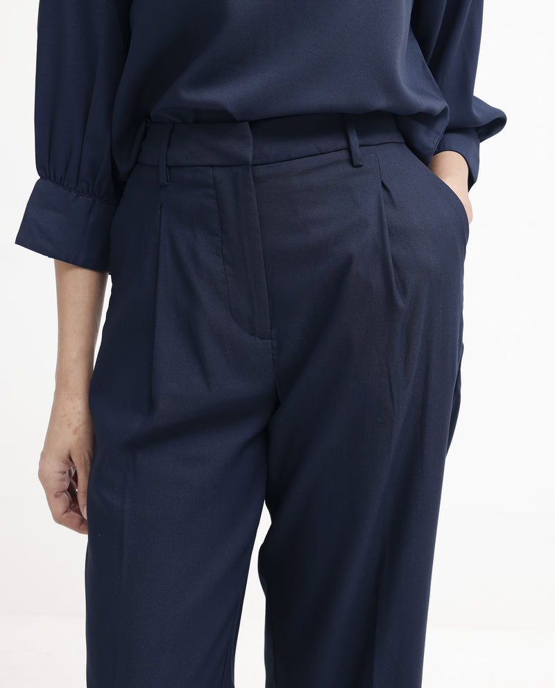 Rareism Women'S Nuray Navy Cotton Fabric Zipper Closure Solid Regular Fit Trouser