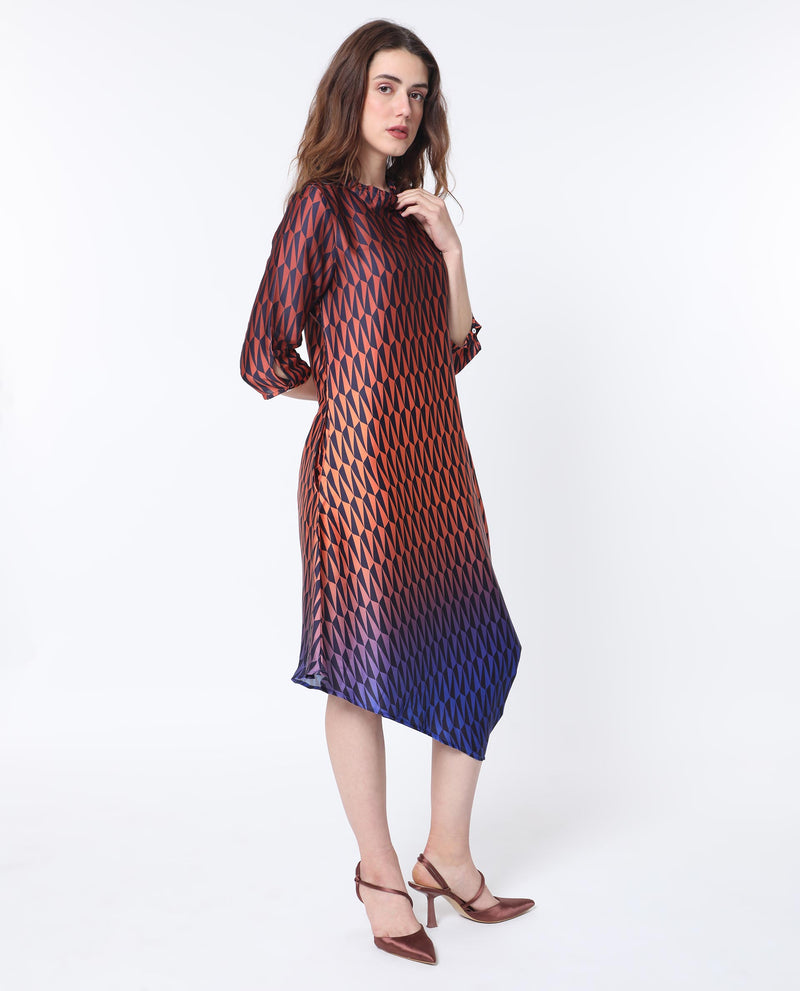 Rareism Women's Ohren Multi Polyester Fabric 3/4Th Sleeves Zip Closure High Neck Relaxed Fit Geometric Print Midi Asymmetric Dress