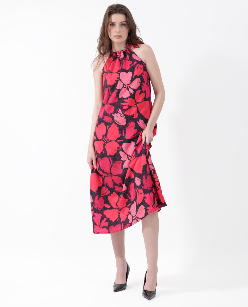Rareism Women's Olya Multi Rayon Nylon Fabric Tie-Up Closure Halter Neck Sleeveless Regular Fit Floral Print Maxi A-Line Dress