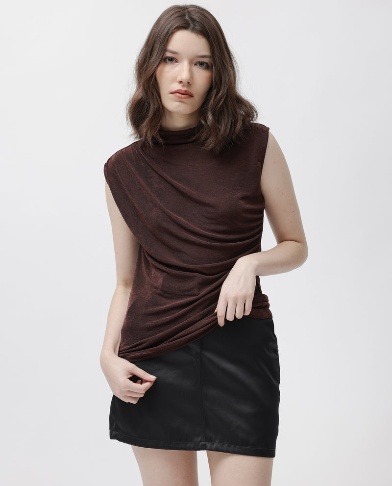 Rareism Women'S Optus Dark Brown Poly Lycra Fabric Regular Fit Cowl Neck Sleeveless Solid Top