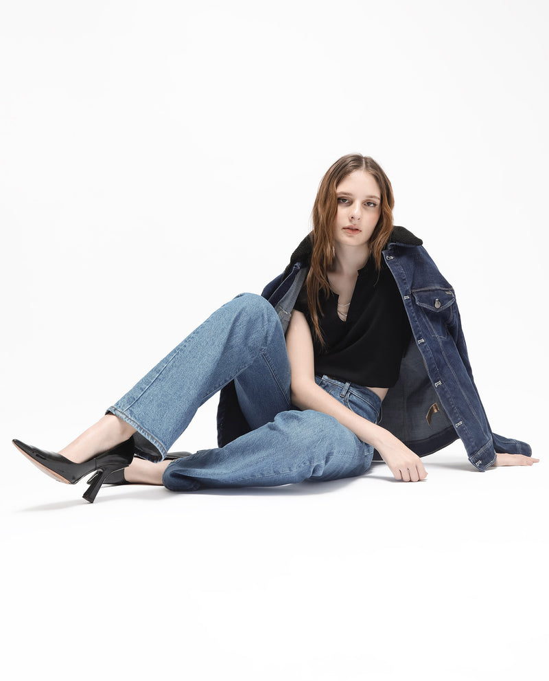 Rareism Women'S Osseo Blue Cotton Elastane Fabric Solid Regular Length Jeans