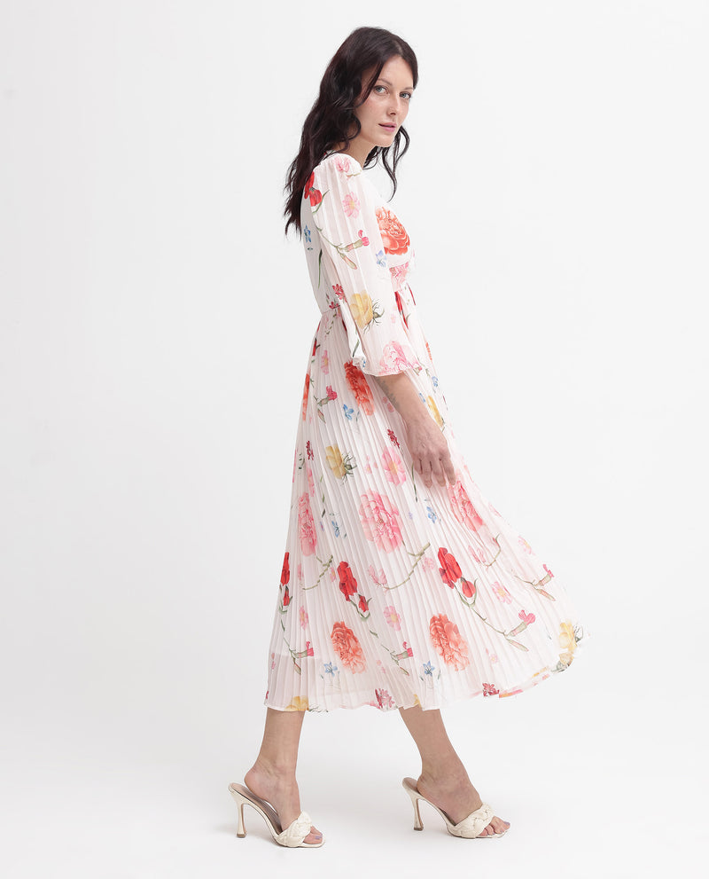Rareism Women'S Otto White Polyester Fabric Regular Sleeves V-Neck Floral Print Regular Length Dress