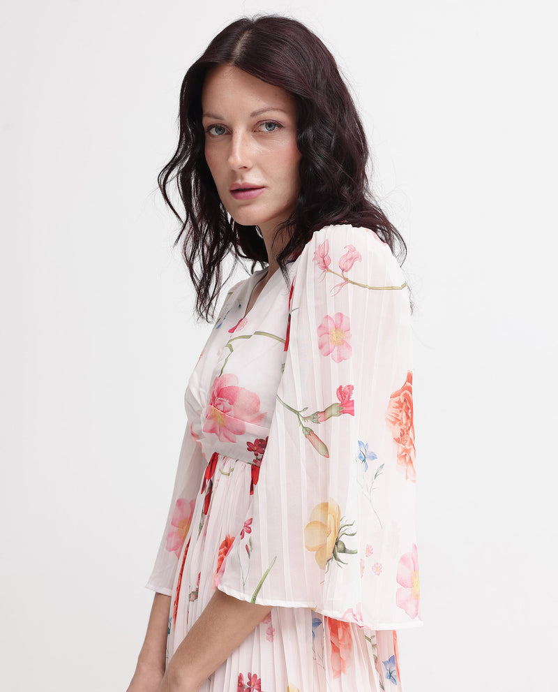 Rareism Women'S Otto White Polyester Fabric Regular Sleeves V-Neck Floral Print Regular Length Dress