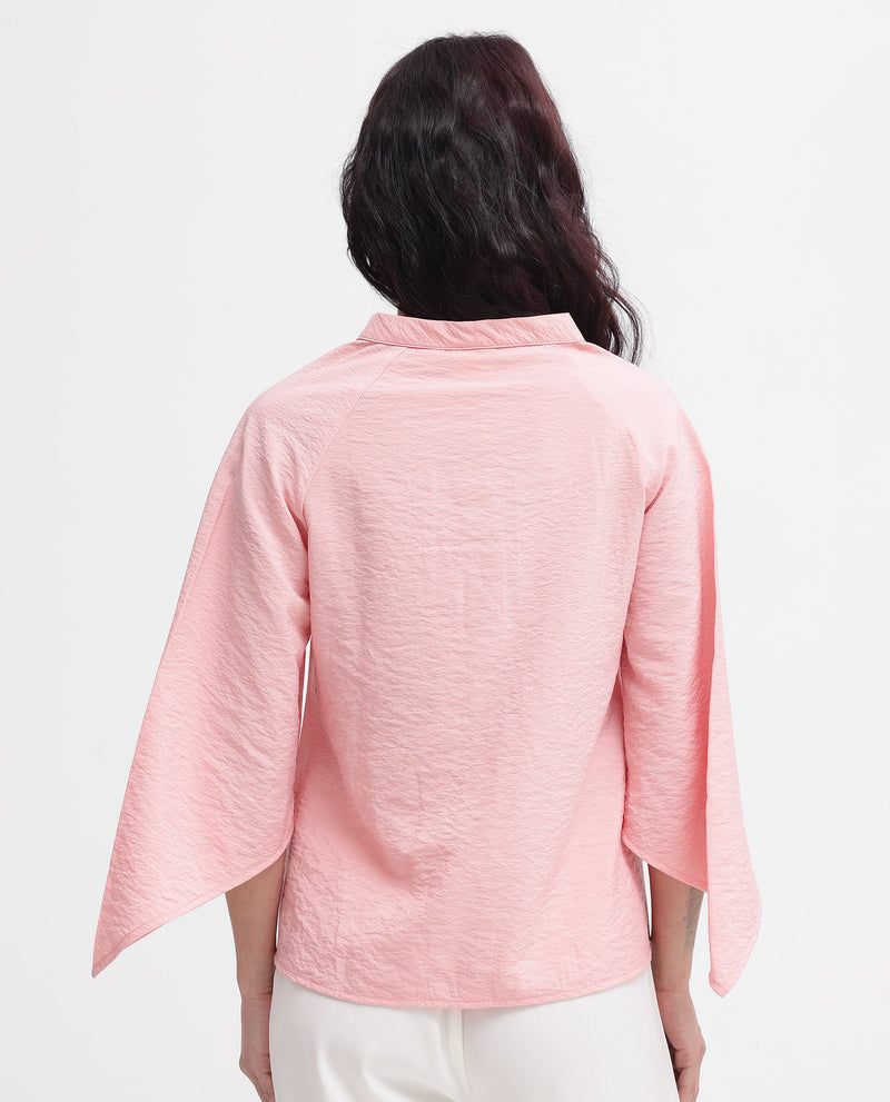 Rareism Women's Palak Light Peach Raglan Sleeves V-Neck Button Plain Top