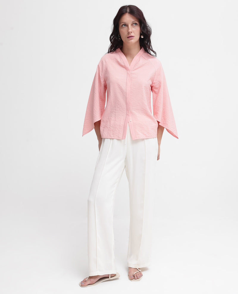 Rareism Women's Palak Light Peach Raglan Sleeves V-Neck Button Plain Top