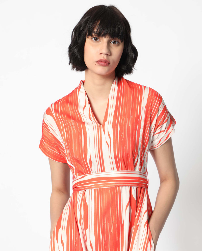 Rareism Women's Palbe Orange Polyester Fabric Short Sleeves V-Neck Extended Sleeve Regular Fit Abstract Print Knee Length A-Line Dress