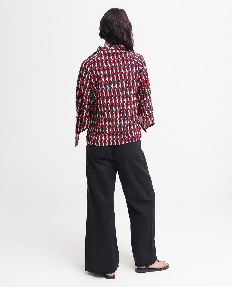 Rareism Women's Palin Dark Multi Raglan Sleeves V-Neck Button Geometric Print Top