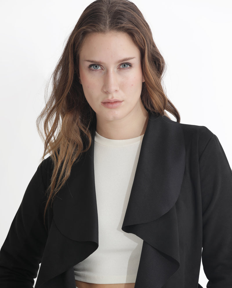Rareism Women's Palmer 1 Black Polyester Fabric Full Sleeves Solid Collarless Jacket