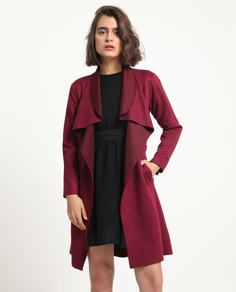 Rareism Women's Palmer 1 Maroon Polyester Fabric Full Sleeves Cut Away Collar Relaxed Fit Plain Knee Length Jacket