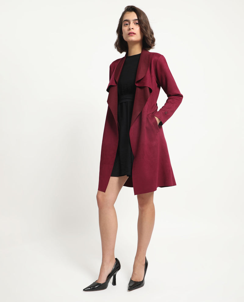 Rareism Women's Palmer 1 Maroon Polyester Fabric Full Sleeves Cut Away Collar Relaxed Fit Plain Knee Length Jacket