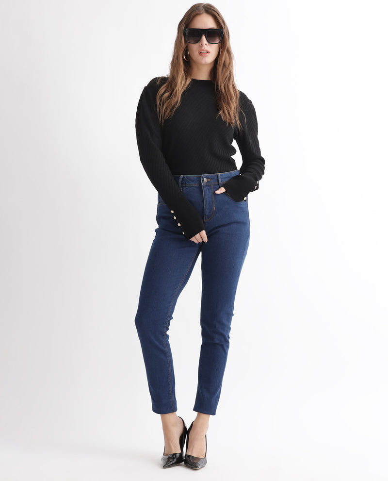 Rareism Women's Pansy Navy Cotton Viscose Fabric Mid Rise Solid Slim Fit Ankle Length Jeans