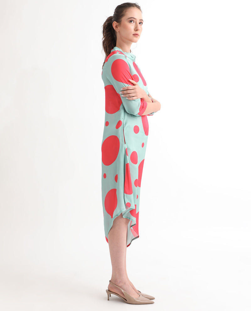 Rareism Women's Paterson Light Turq Polyester Fabric 3/4Th Sleeves Zip Closure High Neck Slim Fit Polka Knee Length Asymmetric Dress