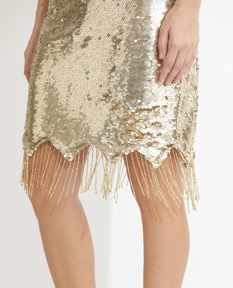 Rareism Women's Pau Sheen Gold Polyester Fabric Sleeveless Shoulder Straps Regular Fit Sequined Knee Length Bodycon Dress