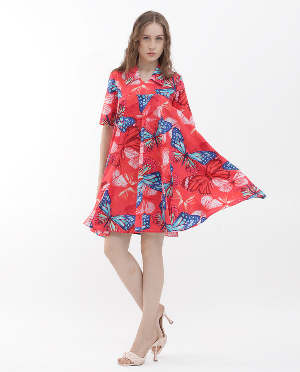 BUTTERFLY PRINT FIT AND FLARE DRESS