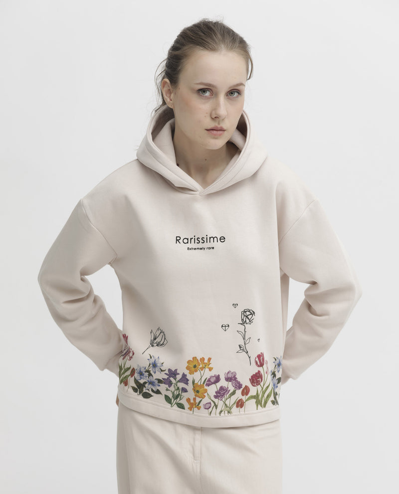 Rareism Articale Women's Pearson Beige Poly Cotton Fabric Full Sleeves Cuffed Sleeve Hooded Regular Fit Floral Print Sweatshirt