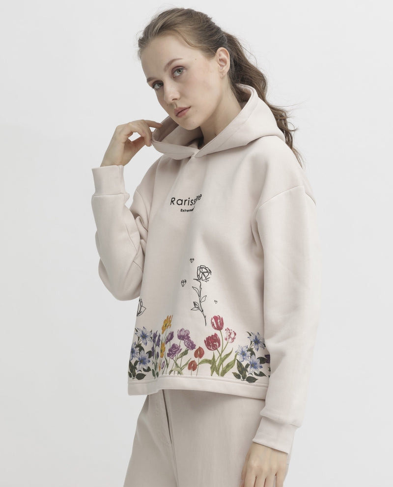 Rareism Articale Women'S Pearson Beige Poly Cotton Fabric Full Sleeves Cuffed Sleeve Hooded Regular Fit Floral Print Sweatshirt