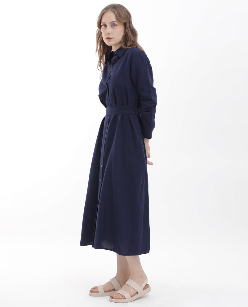 Rareism Women'S Perif Dark Navy Cotton Linen Fabric Regular Sleeves Collared Neck Solid Longline Dress