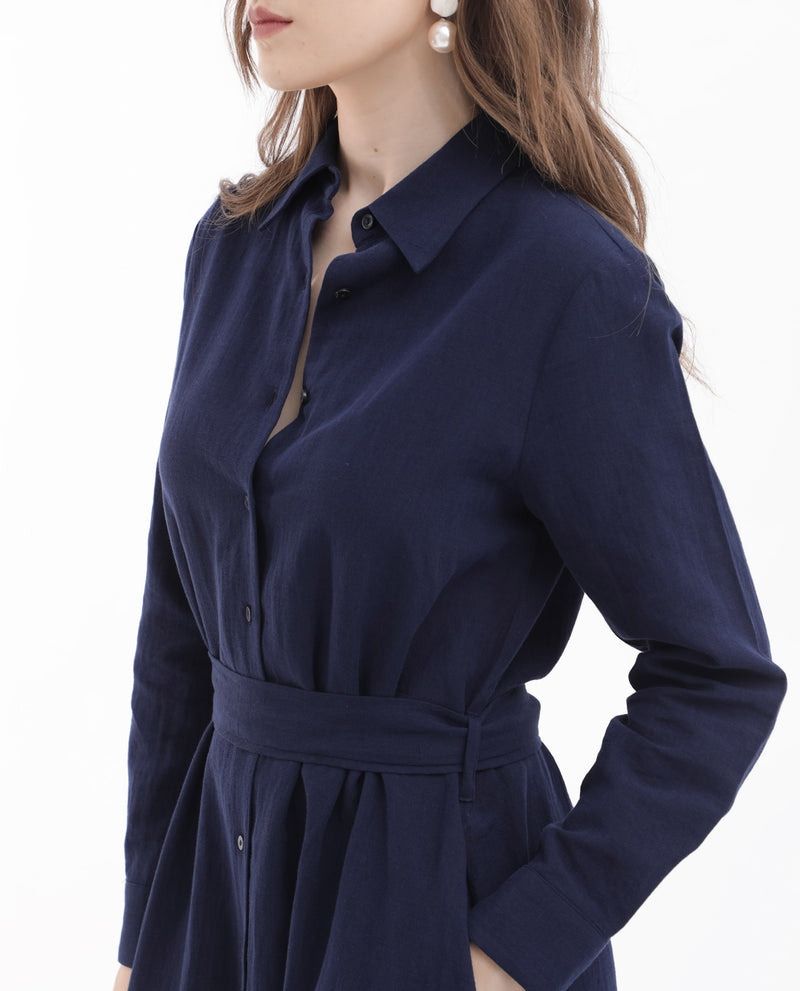 Rareism Women'S Perif Dark Navy Cotton Linen Fabric Regular Sleeves Collared Neck Solid Longline Dress