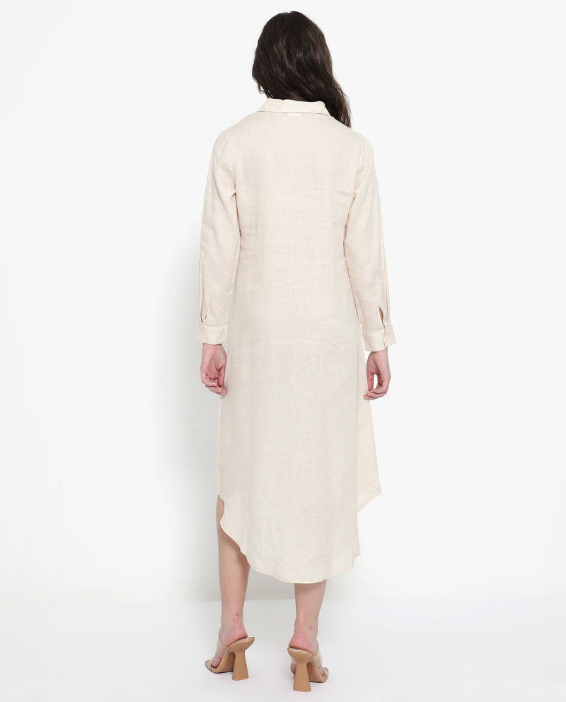 Rareism Women'S Peruviano White Cotton Linen Fabric Full Sleeve Collared Neck Solid Regular Length Dress