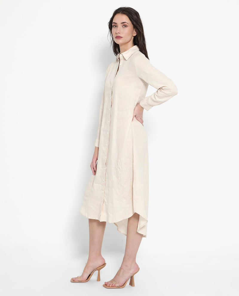 Rareism Women'S Peruviano White Cotton Linen Fabric Full Sleeve Collared Neck Solid Regular Length Dress