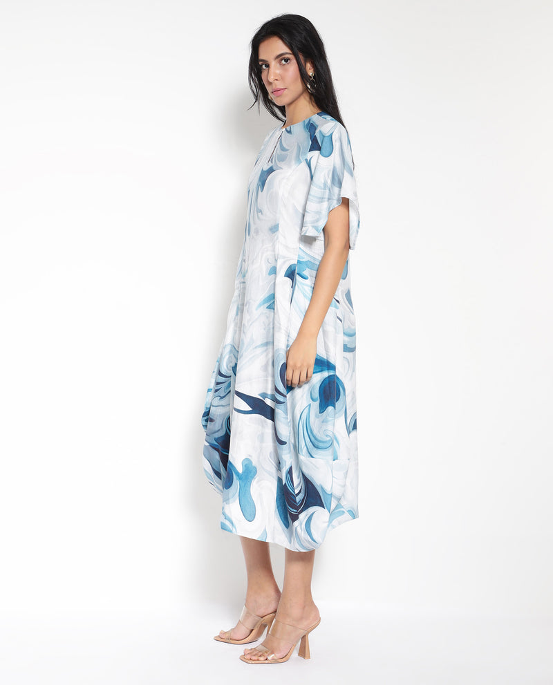 Rareism Women'S Pesto Light Blue 3/4Th Sleeve V-Neck Balloon Fit Abstract Print Midi Dress