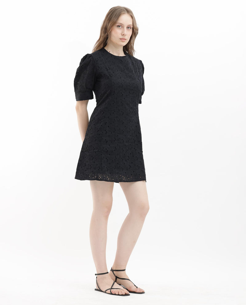 Rareism Women's Phillips Black Cotton Fabric Short Sleeves Button Closure Round Neck Puff Sleeve Regular Fit Plain Mini A-Line Dress