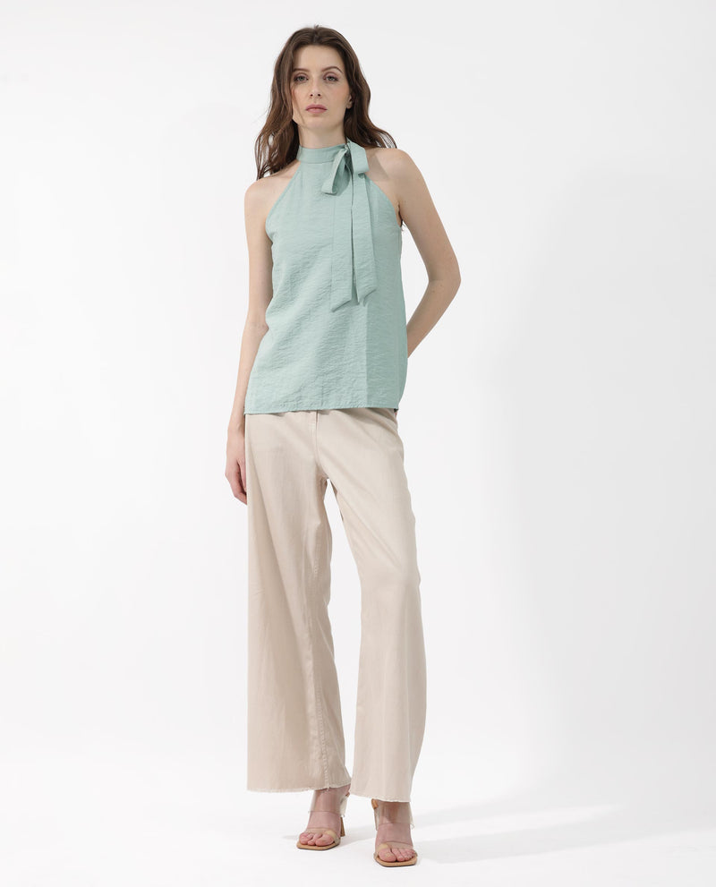 Rareism Women's Pinnacle Green Viscose Blend Fabric Button Closure Halter Neck Sleeveless Regular Fit Plain Top