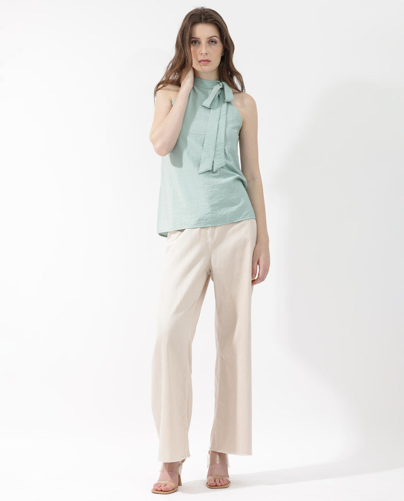 Rareism Women's Pinnacle Green Viscose Blend Fabric Button Closure Halter Neck Sleeveless Regular Fit Plain Top