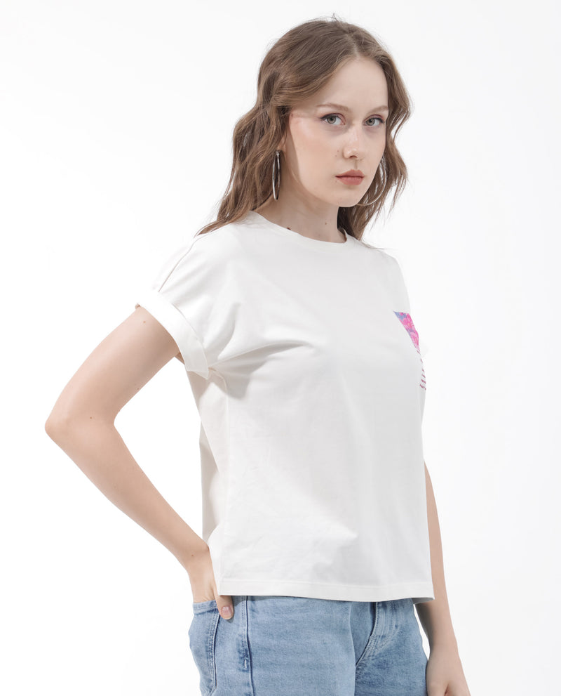 Rareism Women'S Poctri Off White Cotton Elastane Fabric Crew Neck Knit Solid T-Shirt