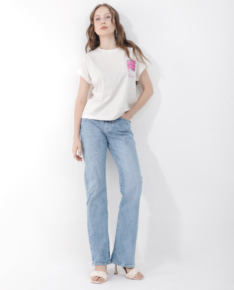 Rareism Women'S Poctri Off White Cotton Elastane Fabric Crew Neck Knit Solid T-Shirt