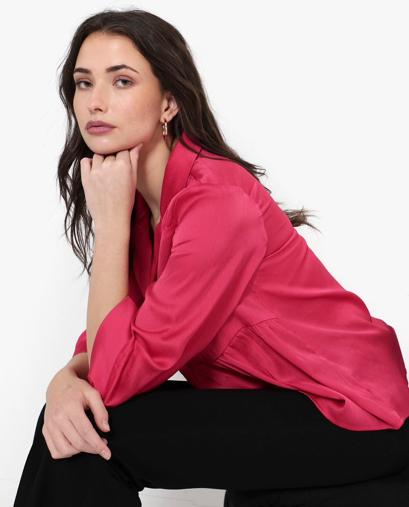 Rareism Women'S Pomezia Dark Red Polyester Button Closure 3/4Th Sleeve Lapel Collar Plain Top