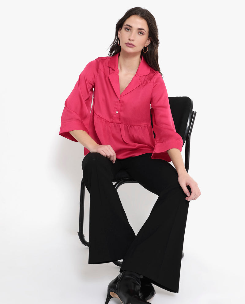 Rareism Women'S Pomezia Dark Red Polyester Button Closure 3/4Th Sleeve Lapel Collar Plain Top