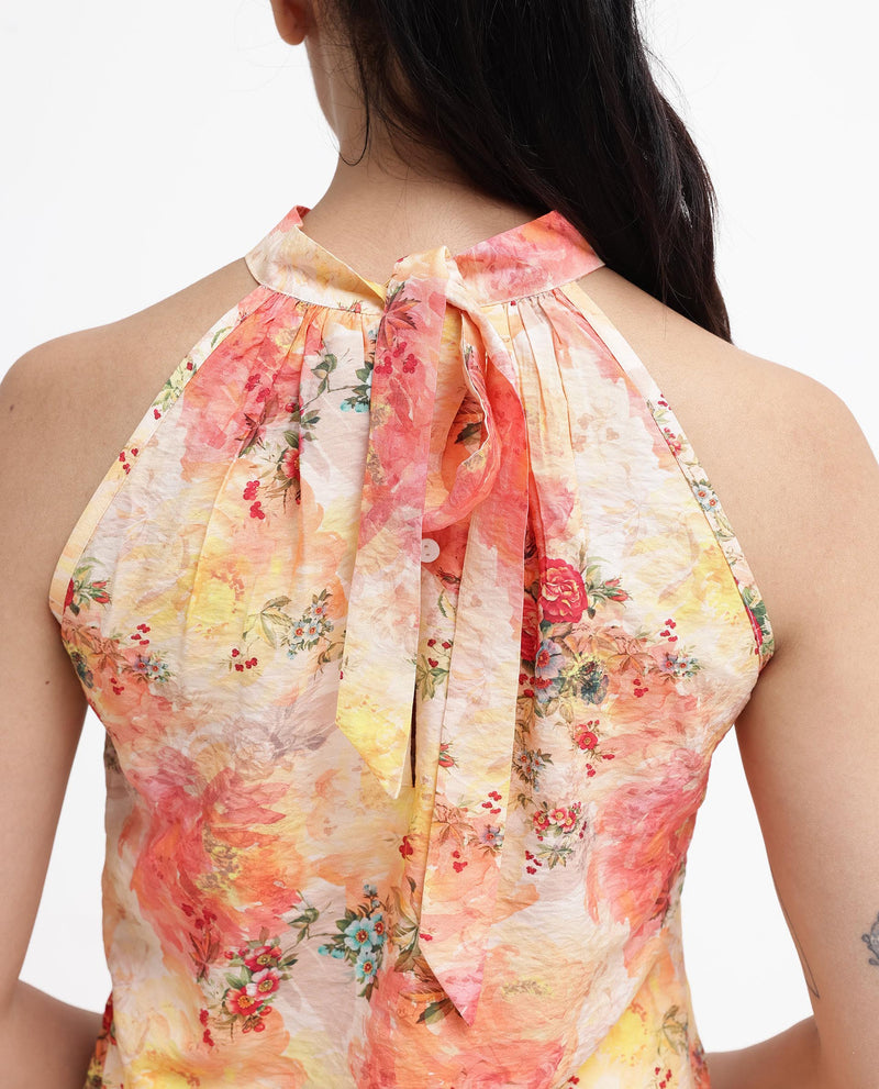Rareism Women's Potenza Pastel Multi Sleeveless Halter Neck Tie Up Floral Print Top