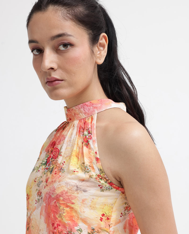 Rareism Women's Potenza Pastel Multi Sleeveless Halter Neck Tie Up Floral Print Top