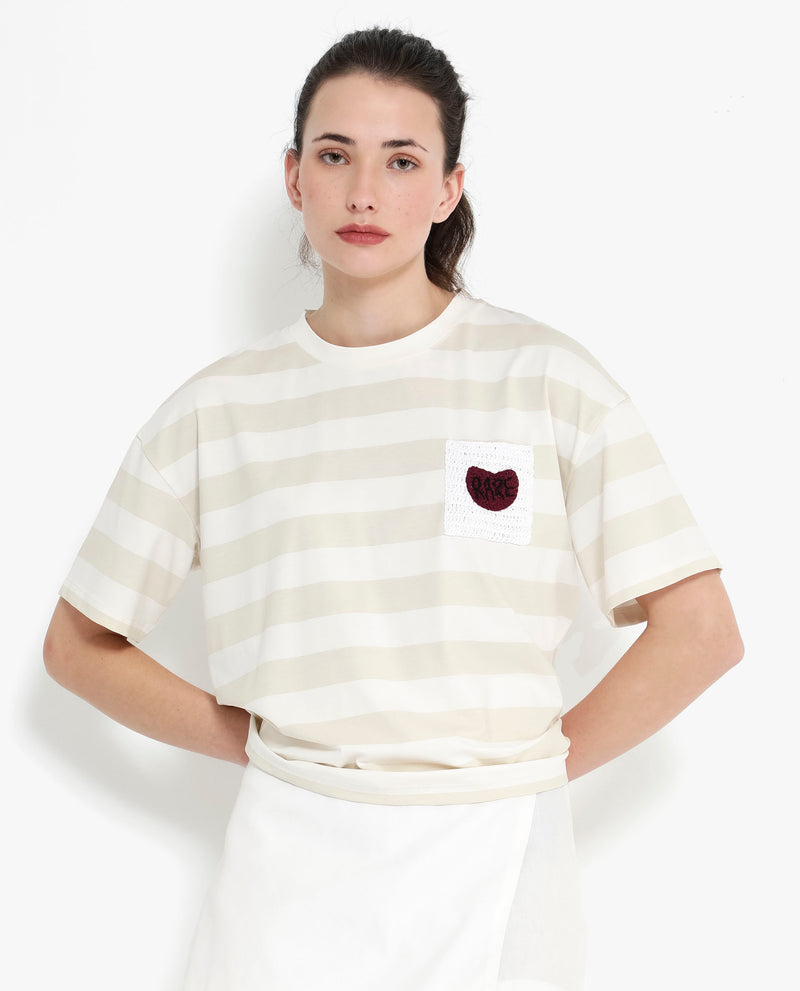 Rareism Women'S Prandant Off White Cotton Elastane Fabric Crew Neck Knit Stripe T-Shirt