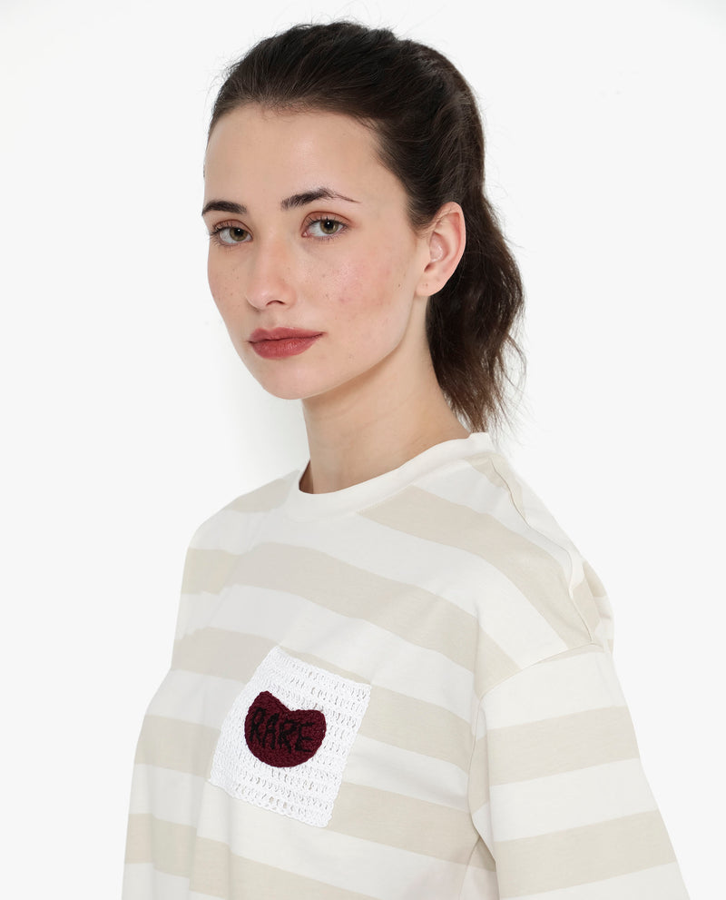 Rareism Women'S Prandant Off White Cotton Elastane Fabric Crew Neck Knit Stripe T-Shirt