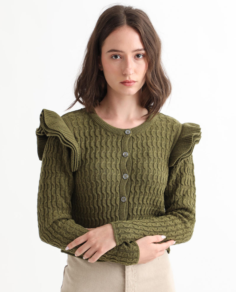 Rareism Women's Queen Olive Cotton Fabric Full Sleeves Regular Fit Solid Round Neck Sweater