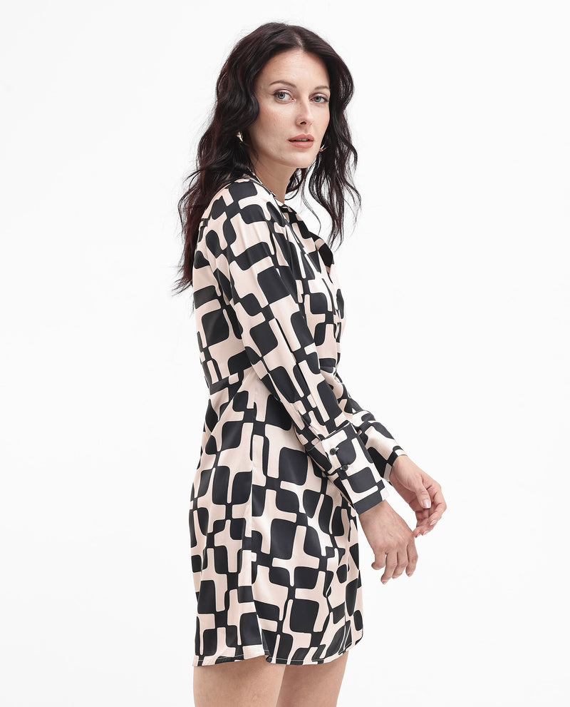 Rareism Women'S Rager Black Cuffed Sleeve Regular Collar Loop Wrap Geometric Print Mini Dress