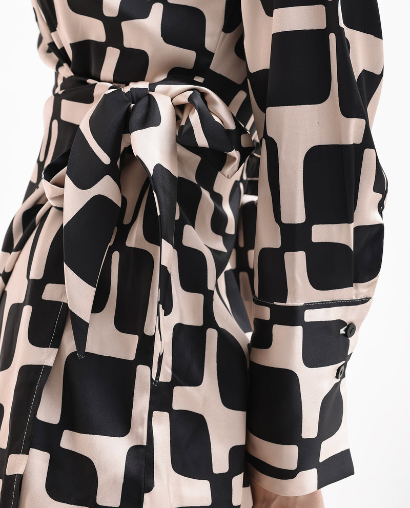 Rareism Women'S Rager Black Cuffed Sleeve Regular Collar Loop Wrap Geometric Print Mini Dress
