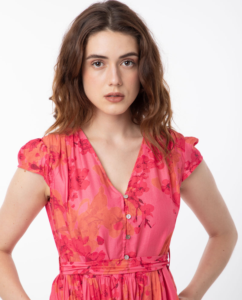 Rareism Women's Rauena Pink Poly Viscose Fabric Short Sleeves Button Closure V-Neck Cap Sleeve Regular Fit Floral Print Midi Empire Dress