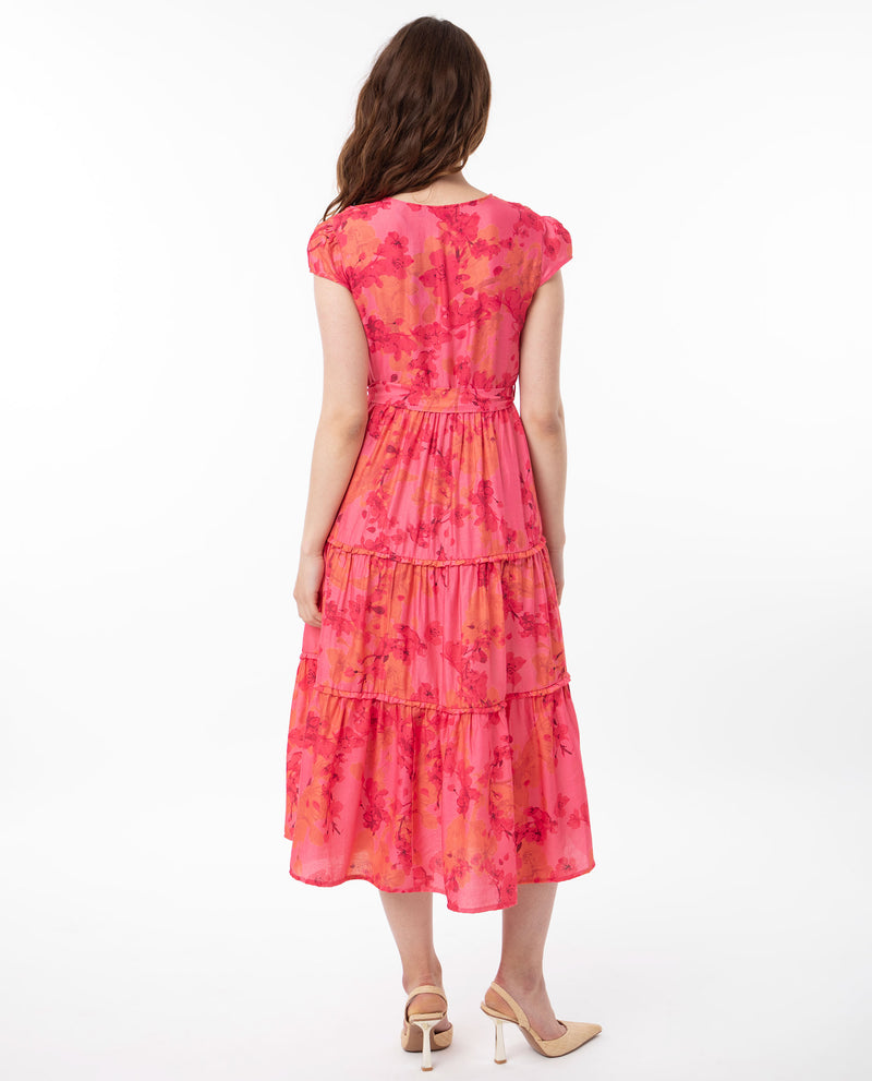 Rareism Women's Rauena Pink Poly Viscose Fabric Short Sleeves Button Closure V-Neck Cap Sleeve Regular Fit Floral Print Midi Empire Dress
