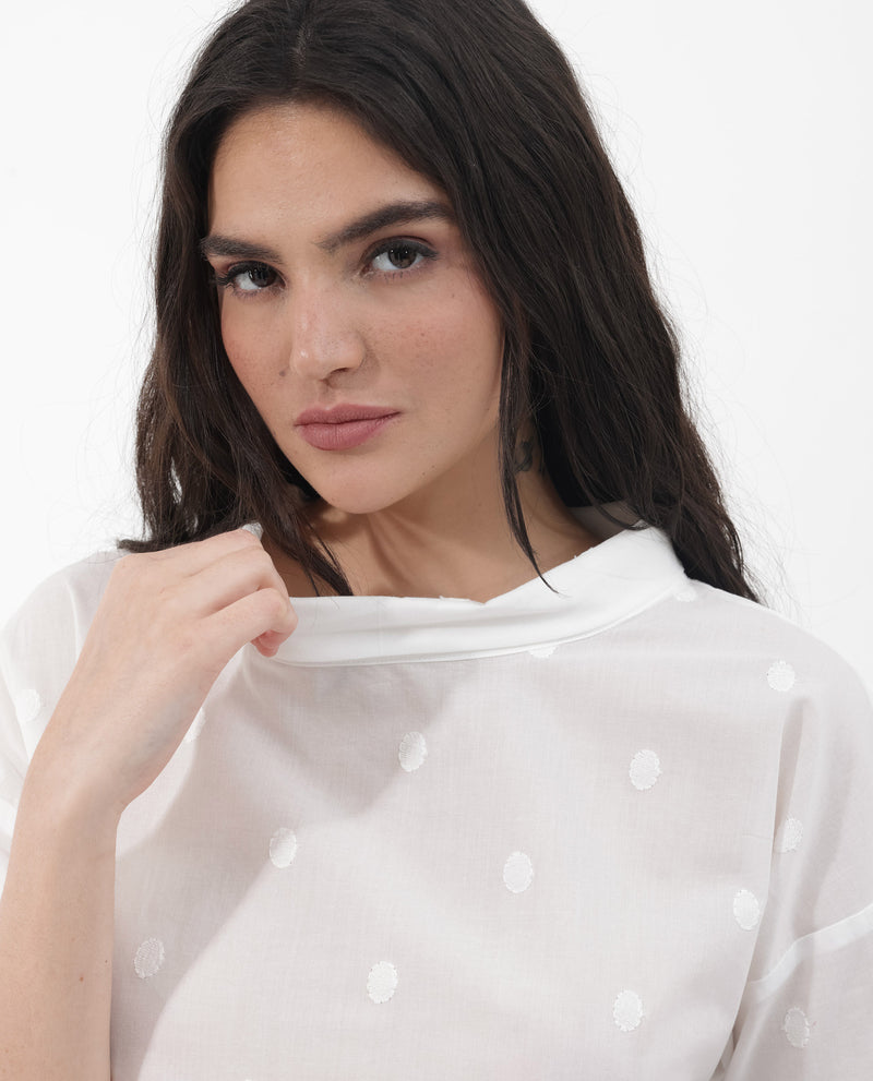Rareism Women'S Vintage Polka Embroidered Boxy Top With High Neck Detail