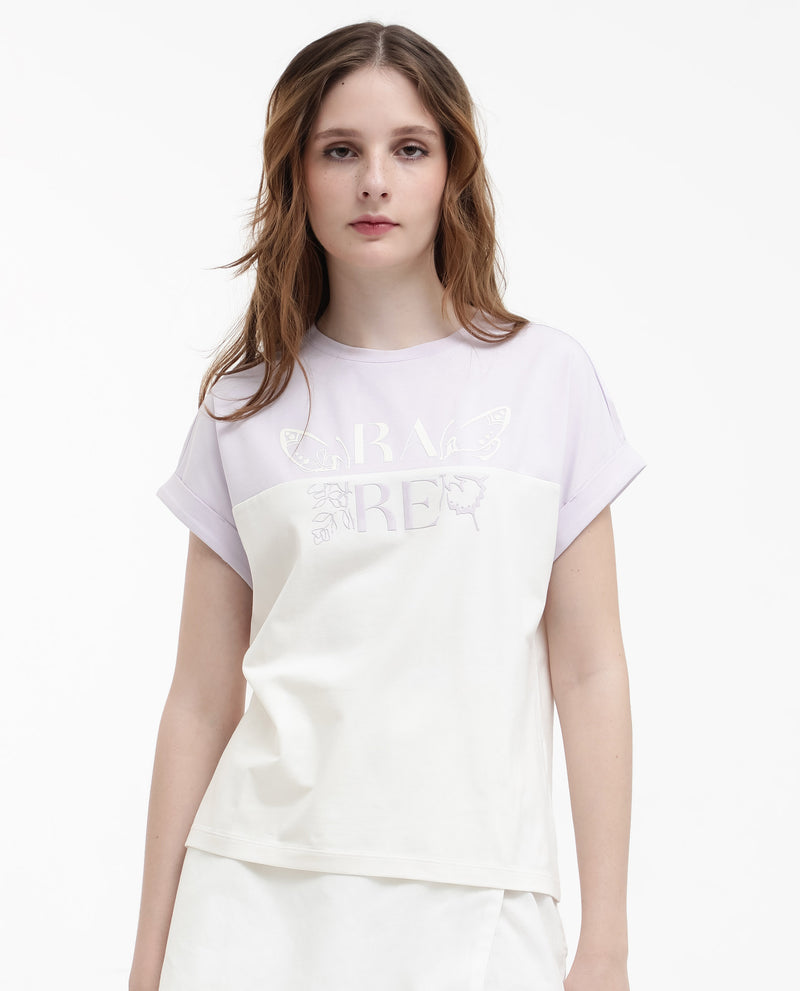 Rareism Women'S Regardo Off White Cotton Elastane Fabric Boxy Fit Crew Neck T-Shirt