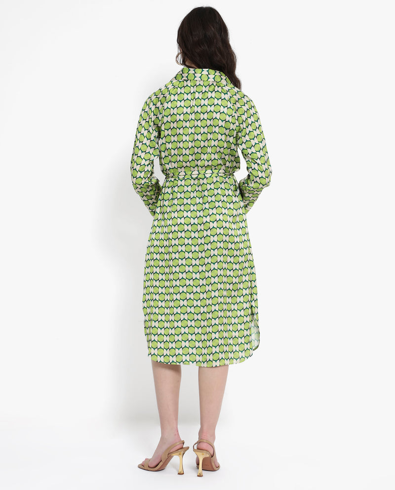 Rareism Women'S Regis Green Button Closure Raglan Sleeves Collared Neck A-Line Geometric Print Midi Dress