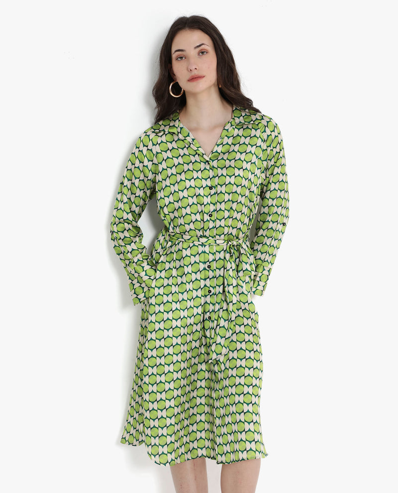 Rareism Women'S Regis Green Button Closure Raglan Sleeves Collared Neck A-Line Geometric Print Midi Dress