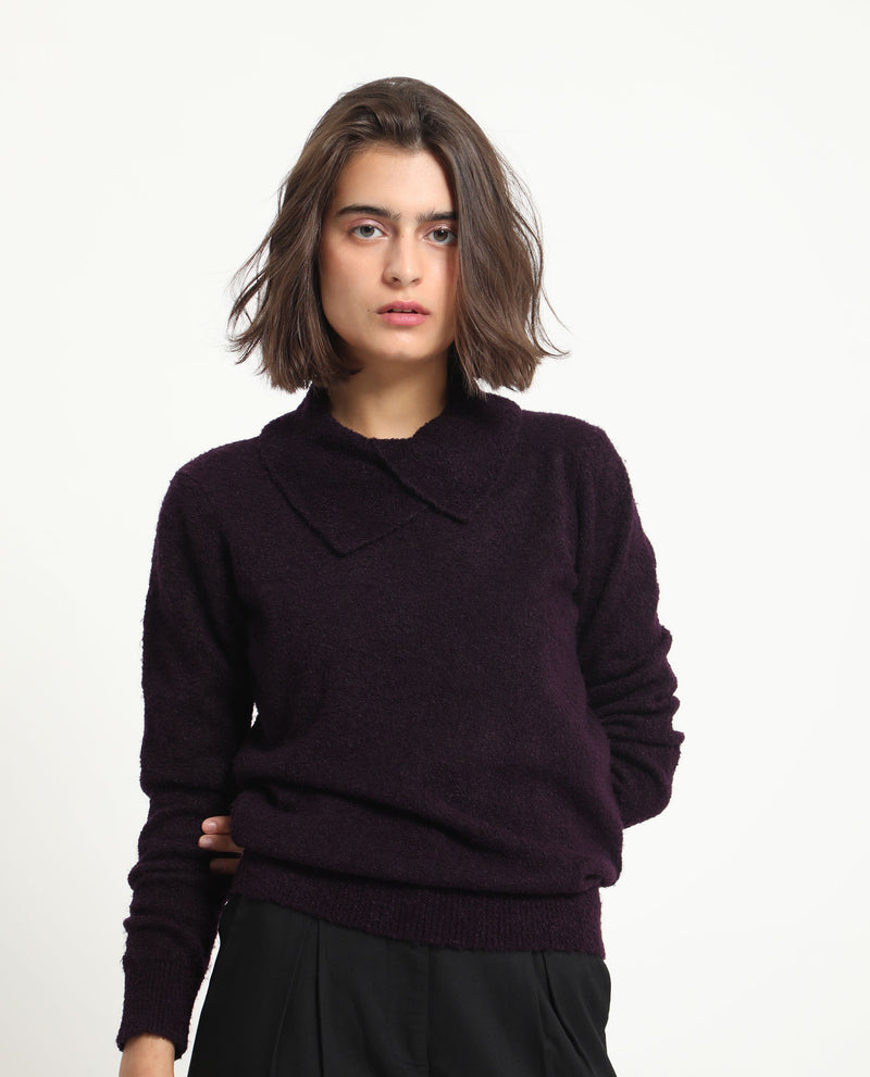 Rareism Women'S Reni Dark Purple Acrylic Fabric Full Sleeves Regular Fit Solid Drop Collar Sweater