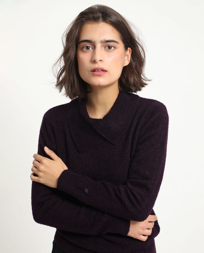 Rareism Women'S Reni Dark Purple Acrylic Fabric Full Sleeves Regular Fit Solid Drop Collar Sweater